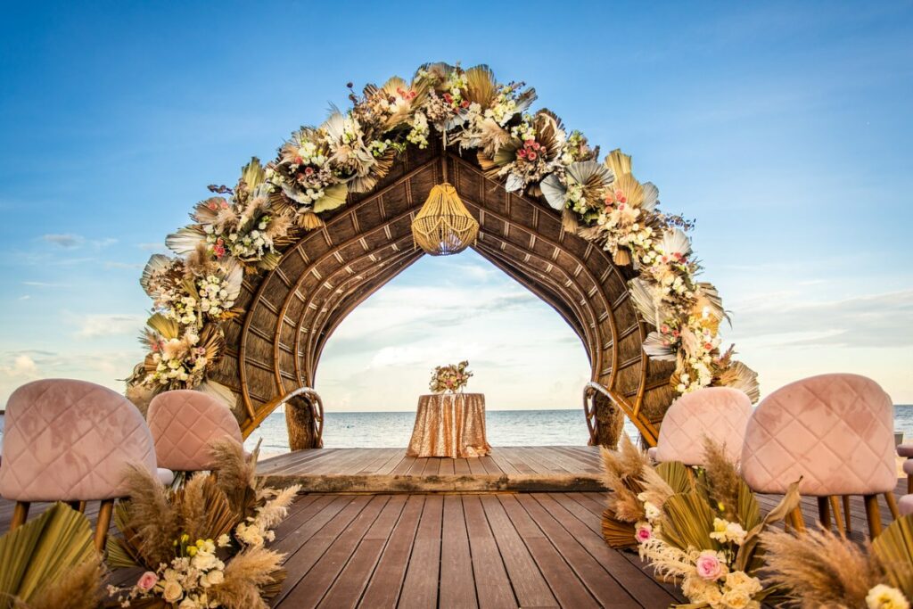 beautiful oceanfront wedding gazebo decorated with flowers