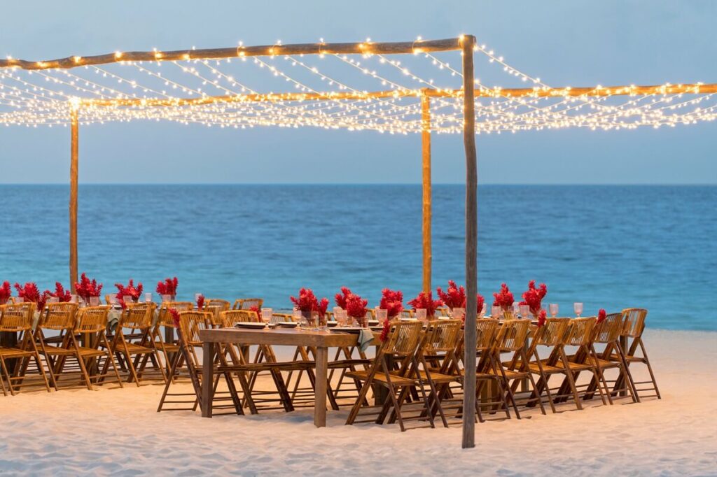 weddings with string lights on the beach at Finest Playa Mujeres