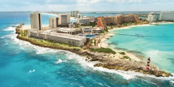 aerial view of the hyatt ziva cancun and lighthouse in cancun