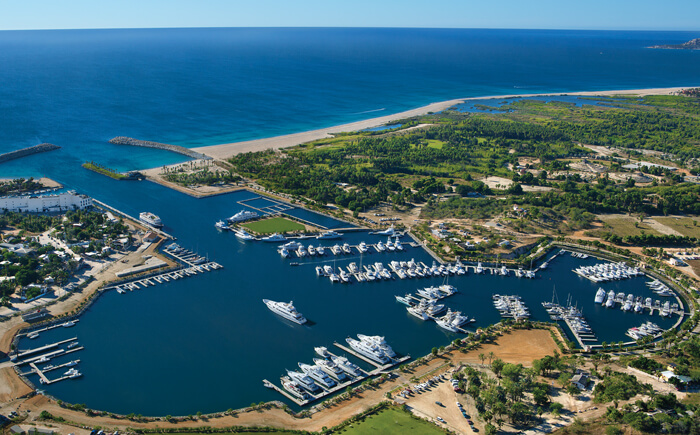 aerial view of the marina with many yachts in puerto los cabos
