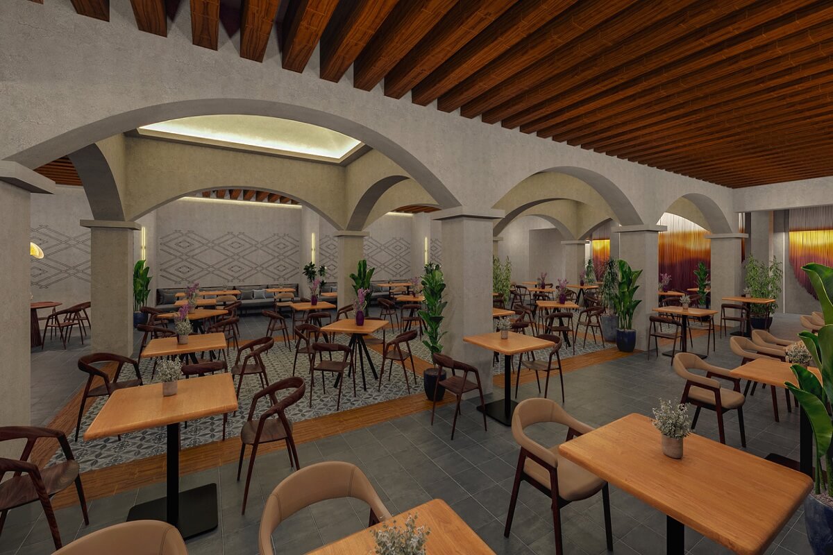 Restaurant with wooden tables and arches