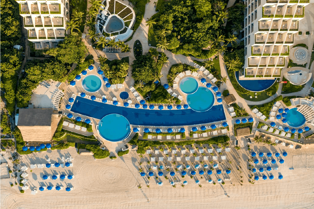 Aerial view of pools and beach of Live Aqua Cancun Wedding