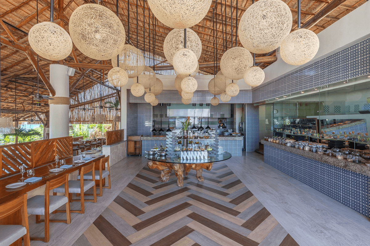 Buffet restaurant with palapa and rope lamps