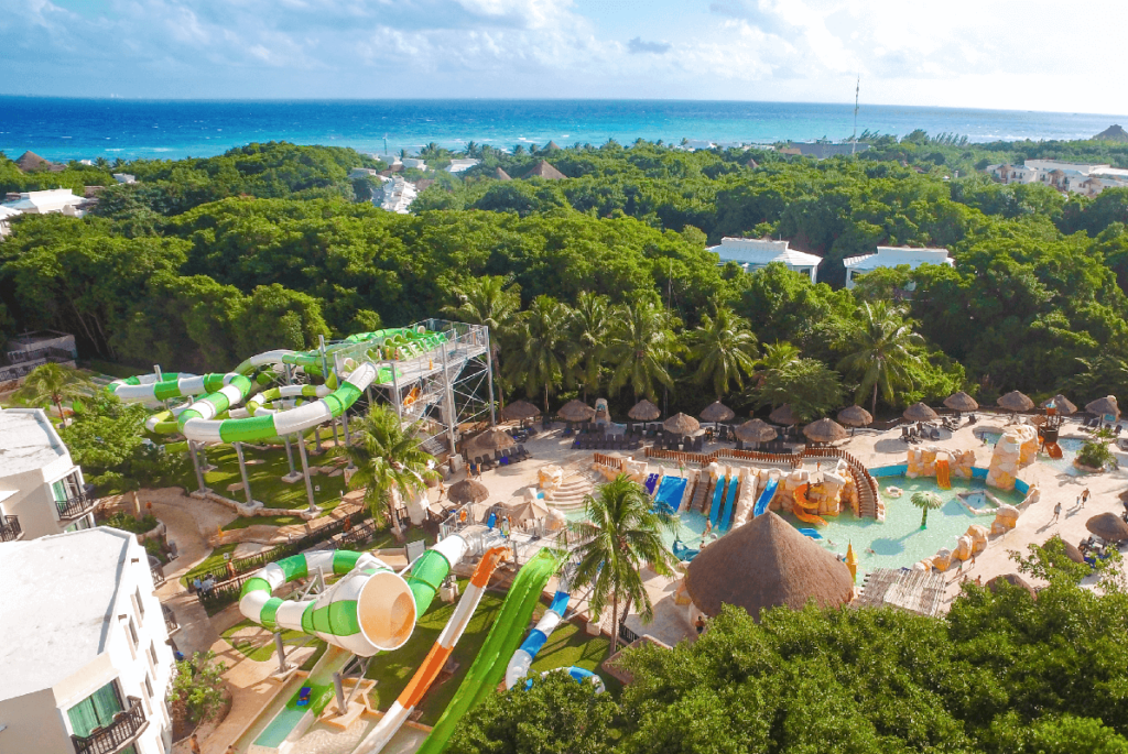 Resort waterpark with slides and pools
