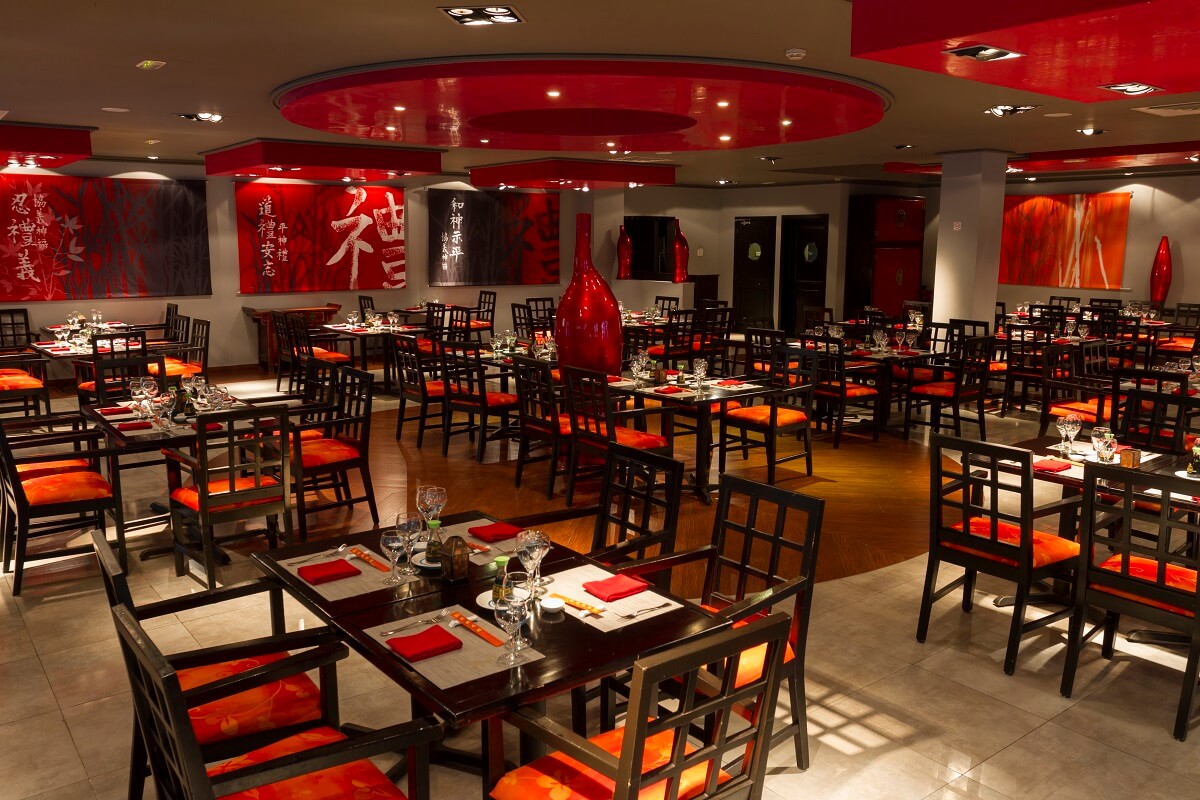 Interior of asian restaurant decorated in red