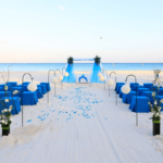 Wedding setup on the beach with blue palette
