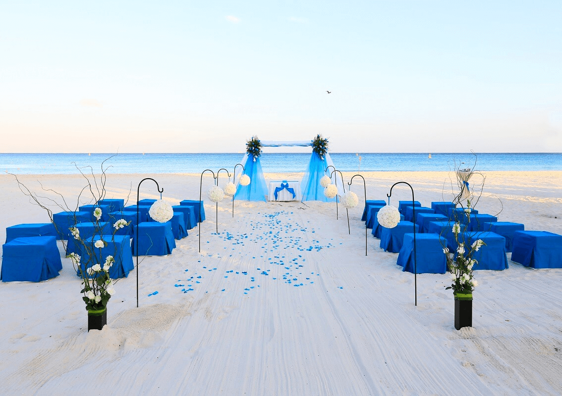 Wedding setup on the beach with blue palette