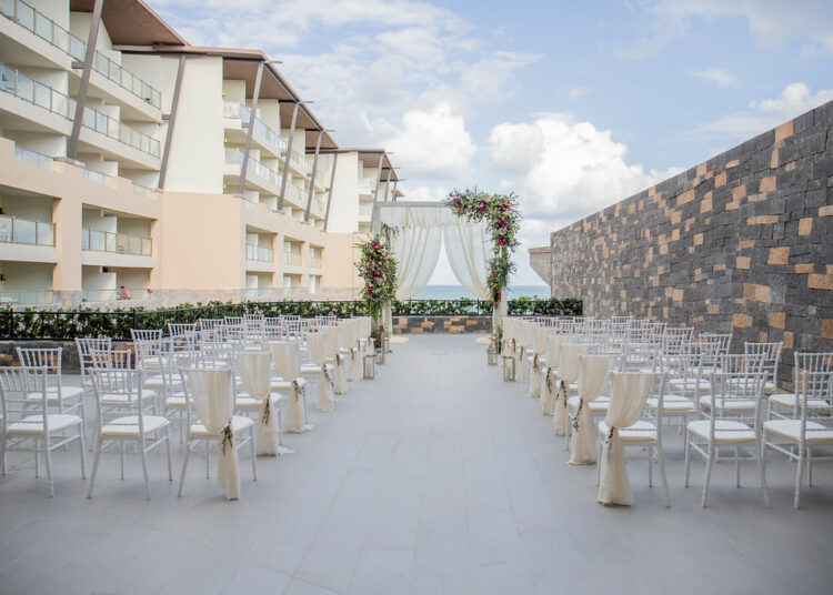 Wedding terrace with arch with flowers