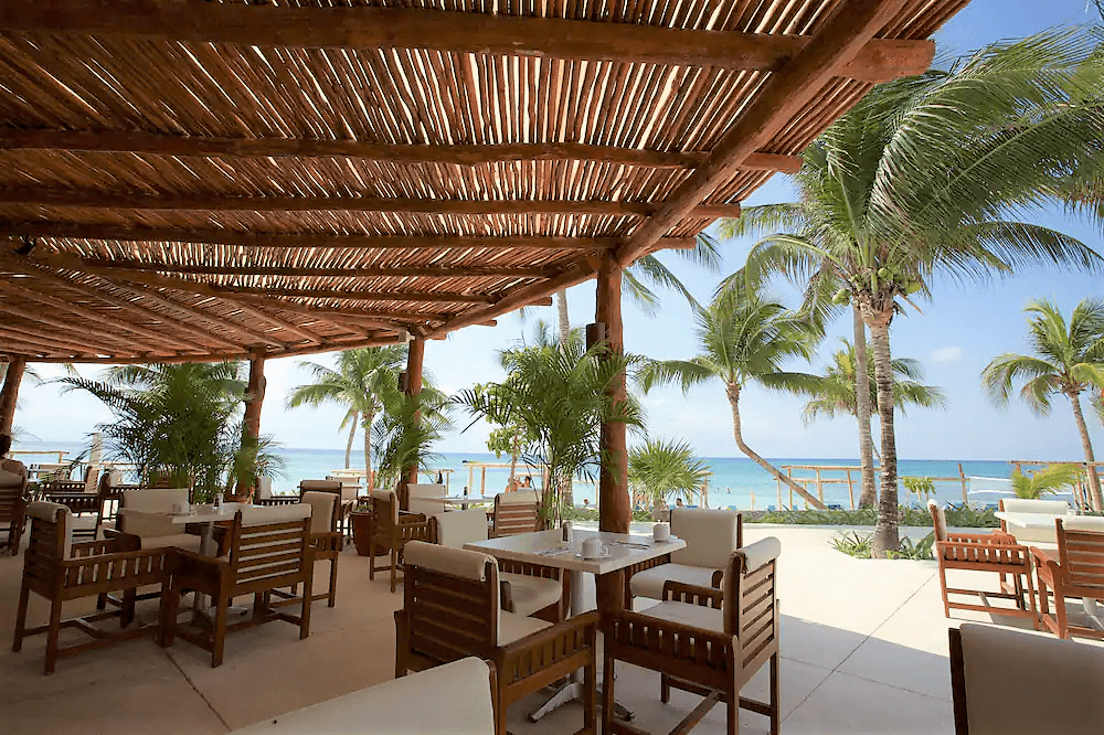 Ocean front restaurant with wooden roof