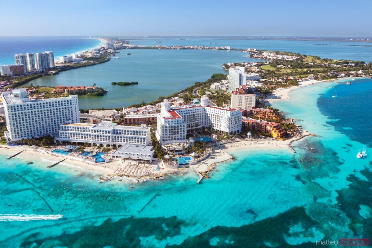 Aerial view of cancun hotel zone with the clear ocean