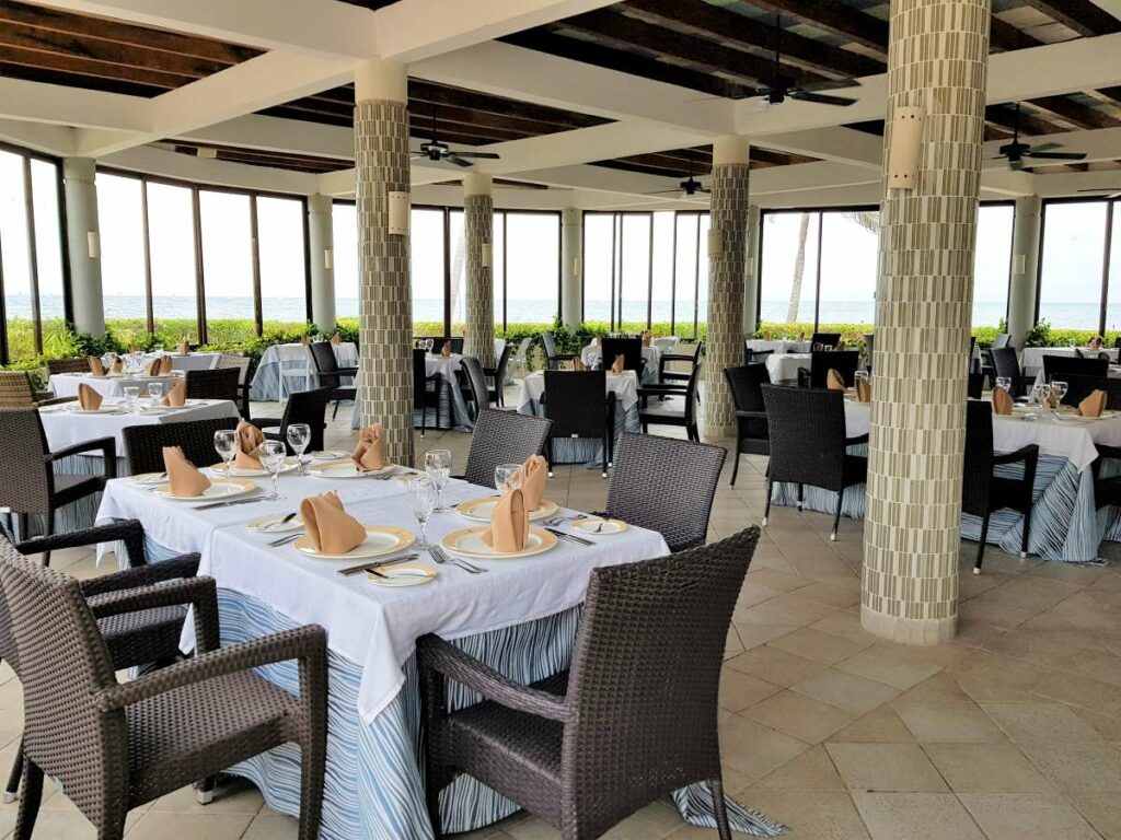 Restaurant with large windows and ocean view
