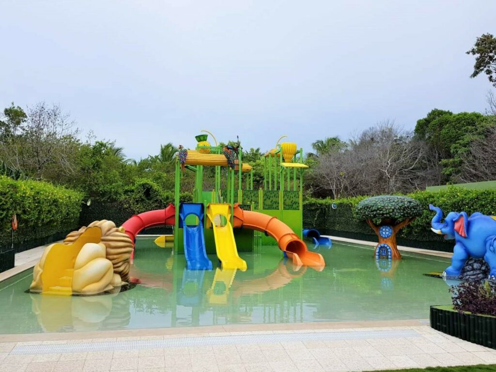 Kids water park with slides and animals