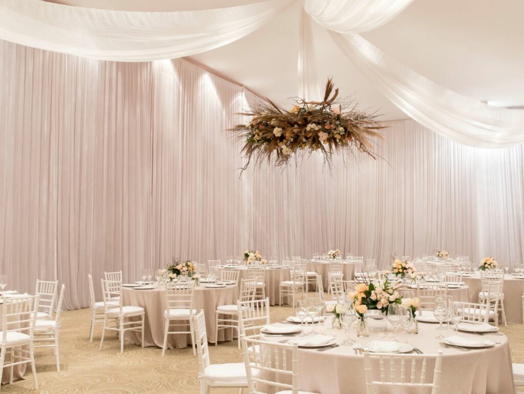 White ballroom with a wedding set up ideal venue if you dont know how to choose the right resort for your destination wedding