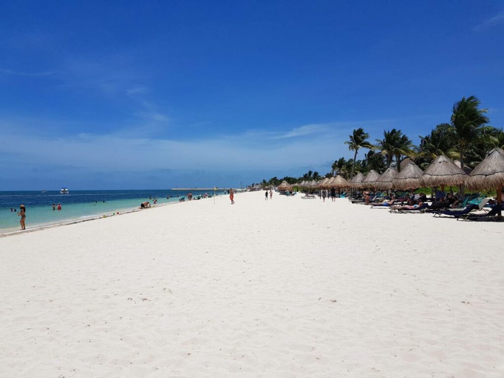 Huge caribbean beach with white sand beach and palapas