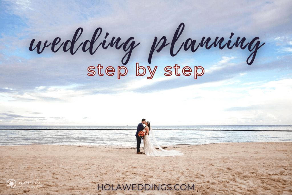 Just married couple kissing in front of the beach blog post cover wedding planning steps