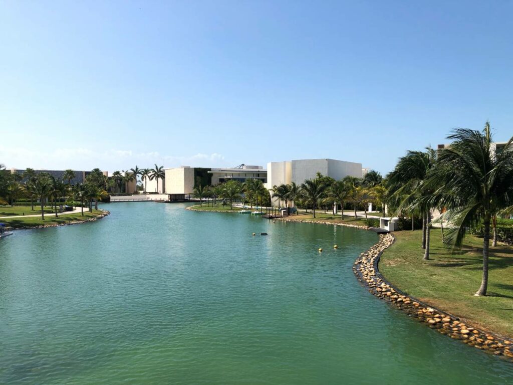 A panoramic view of the big water canals and resort buildings