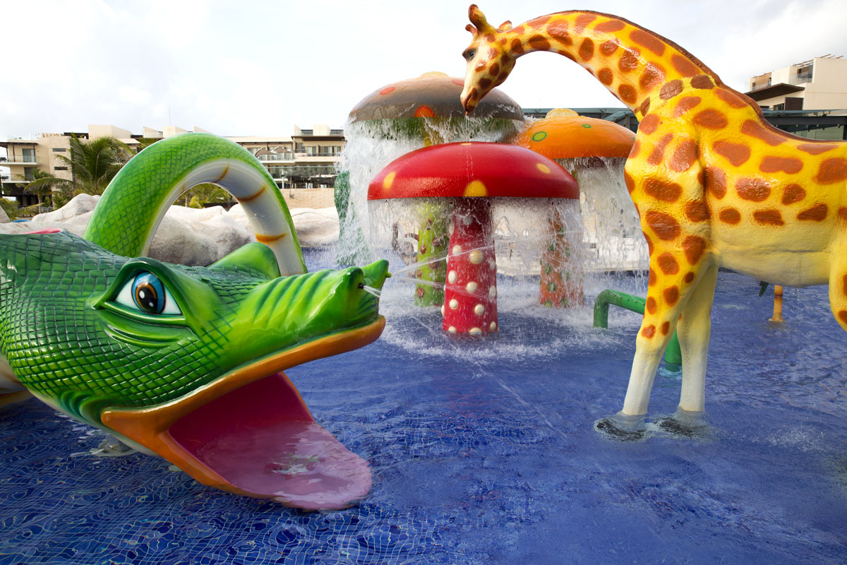 kids waterpark with fountains and animals with water jets