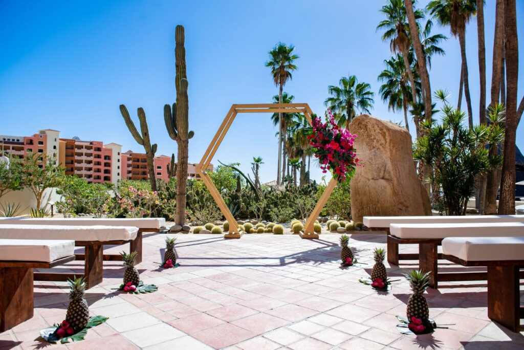 Wedding ceremony set up in a cactus garden with a hexagon structire with purple flowers