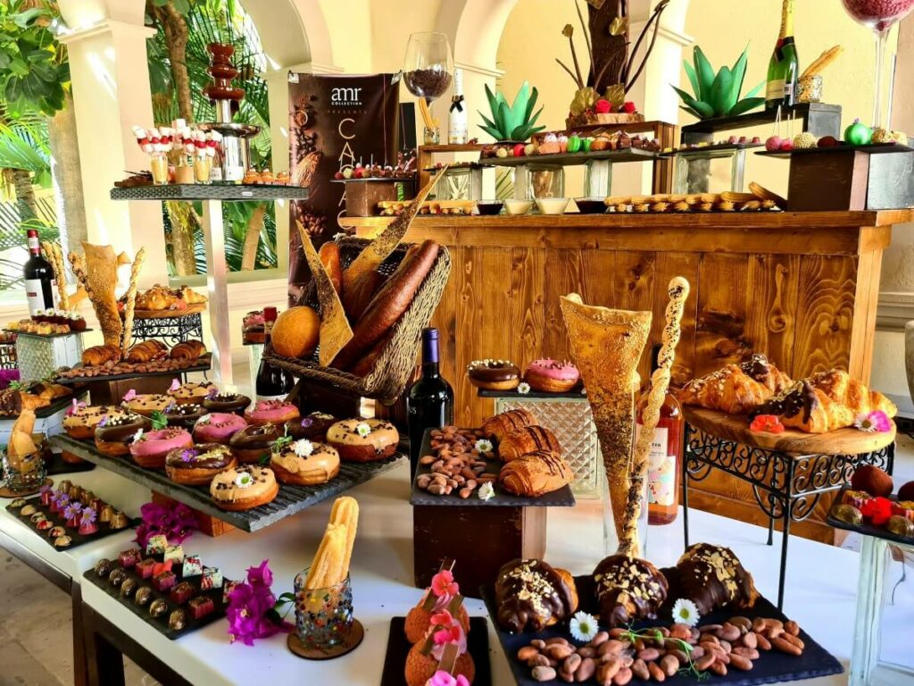 Hotel restaurant buffet dessert station with pastries and sweet treats