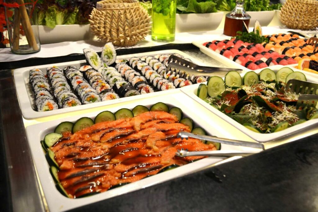Asian buffet with sushi and sahimi