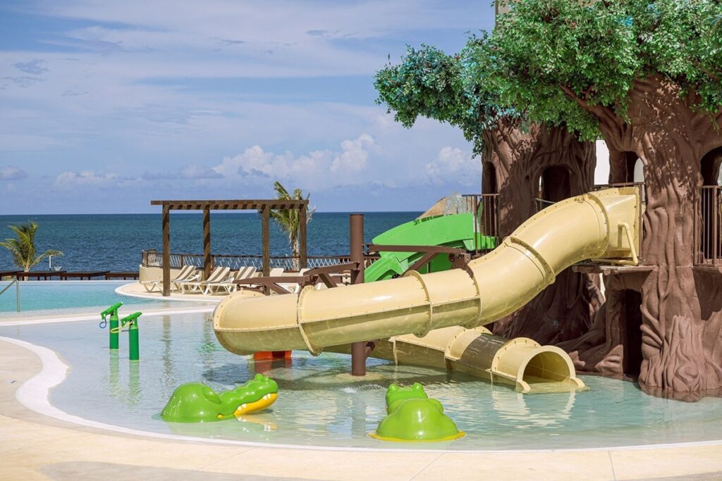 kids waterpark wity slides, water jets and ocean view