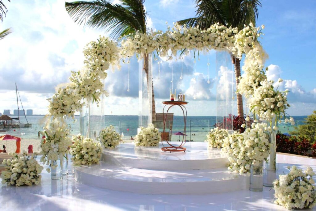 Destination wedding ceremony set-up at the hot top pool of breathless Cancun Soul