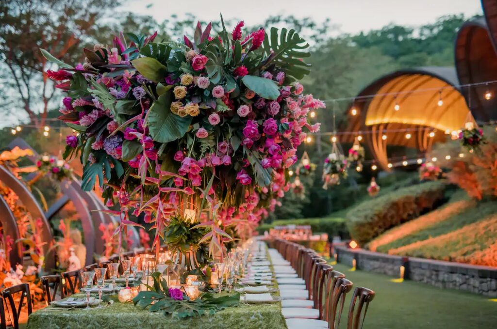 a tropical wedding reception set up at a luxurious hotel in costa rica