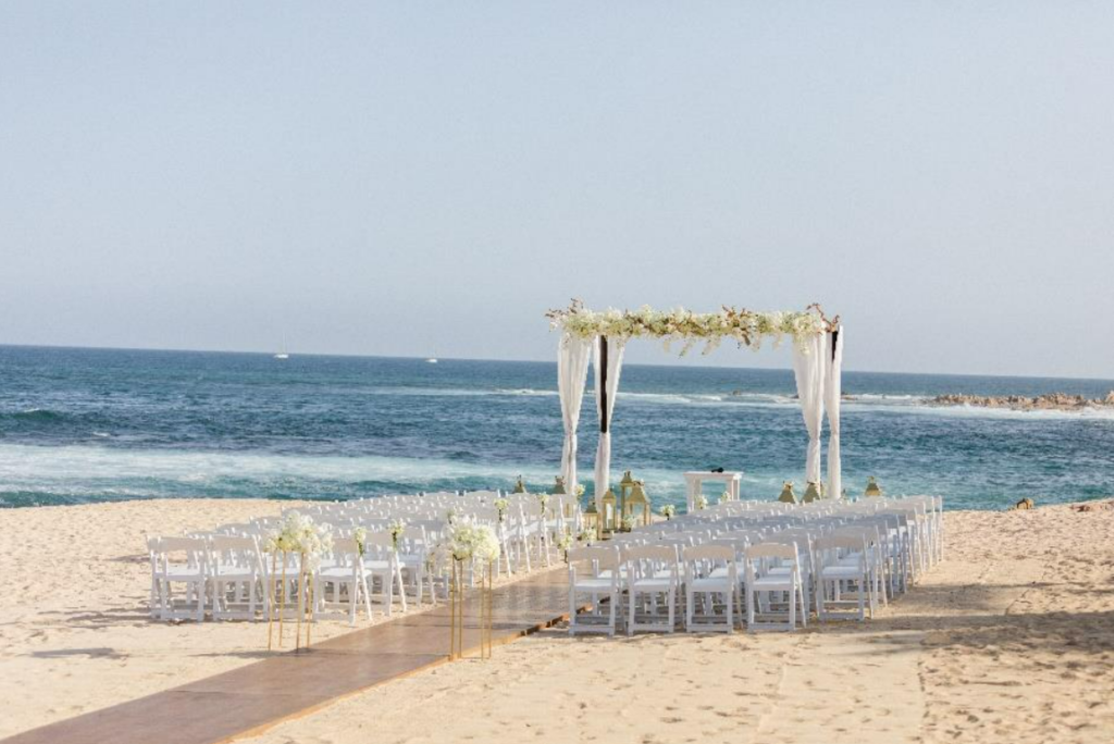 Setting of a white beach wedding