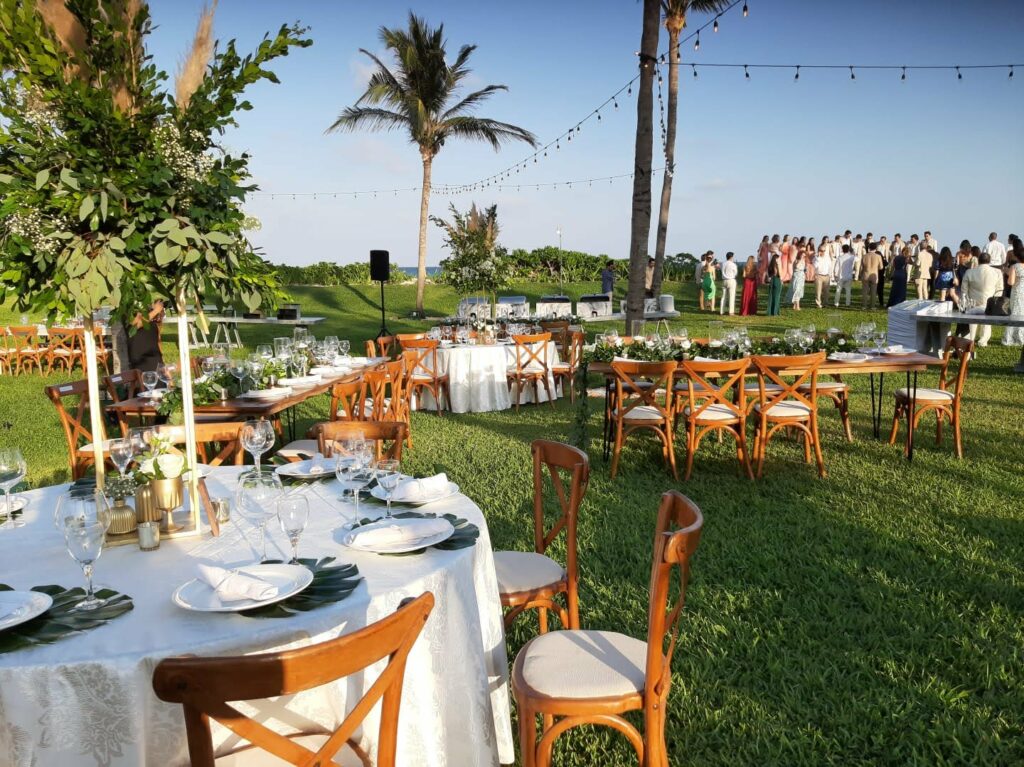 a wedding set up on a garden area