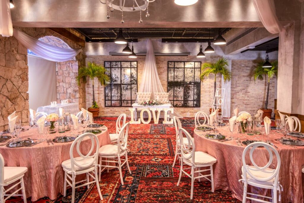 wedding ballroom decorated with love sign letters