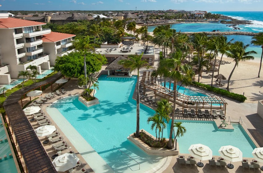 Aerial view of Dreams Aventuras, an all-inclusive family-friendly resort in the riviera maya